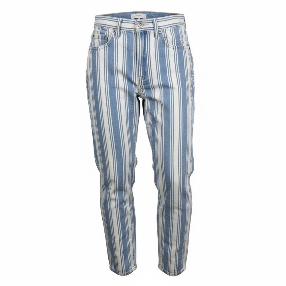 American Eagle AE Striped Mom Jeans Size 2 High Waisted Blue White Stripe Cotton - Picture 2 of 7